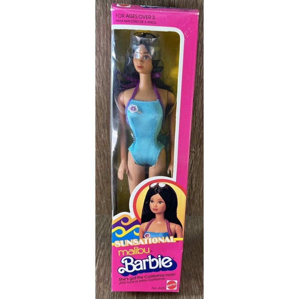 Vintage 1981 Sunsational Malibu Barbie Doll Mattel 4970 NRFB Black Hair Blue